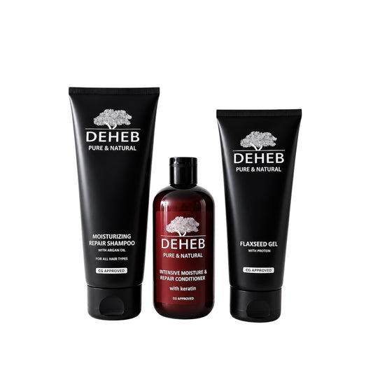 DEHEB haarverzorging voor krullen met hydraterende shampoo, conditioner en flaxseed gel